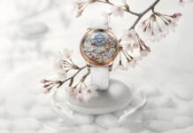 珍珠母貝雕飾與微繪/JAQUET DROZ時分小針盤紅金「日式花園」腕錶